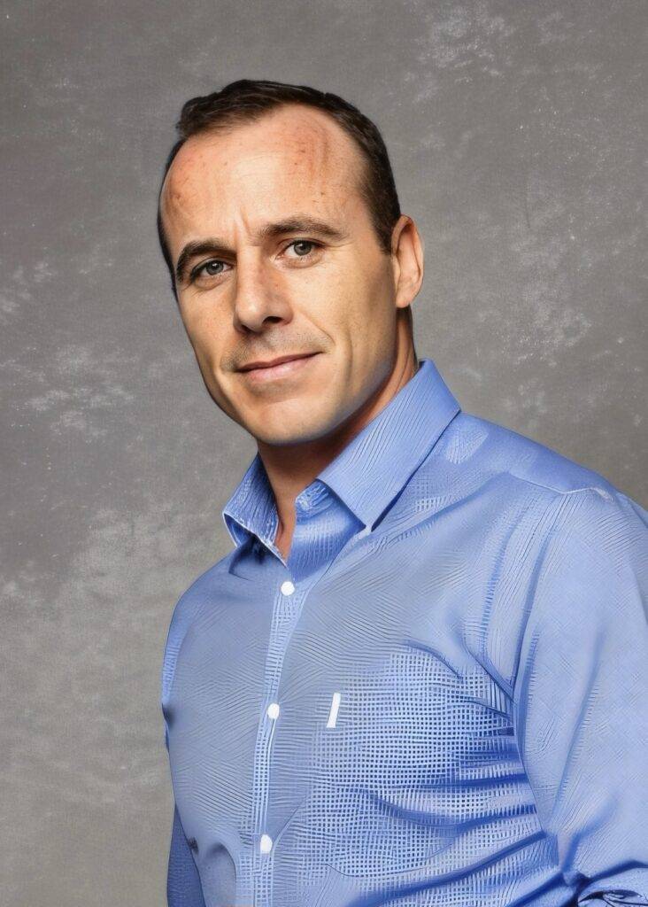 Portrait of Florent Delente the global consulting firm's chairman in a blue shirt.