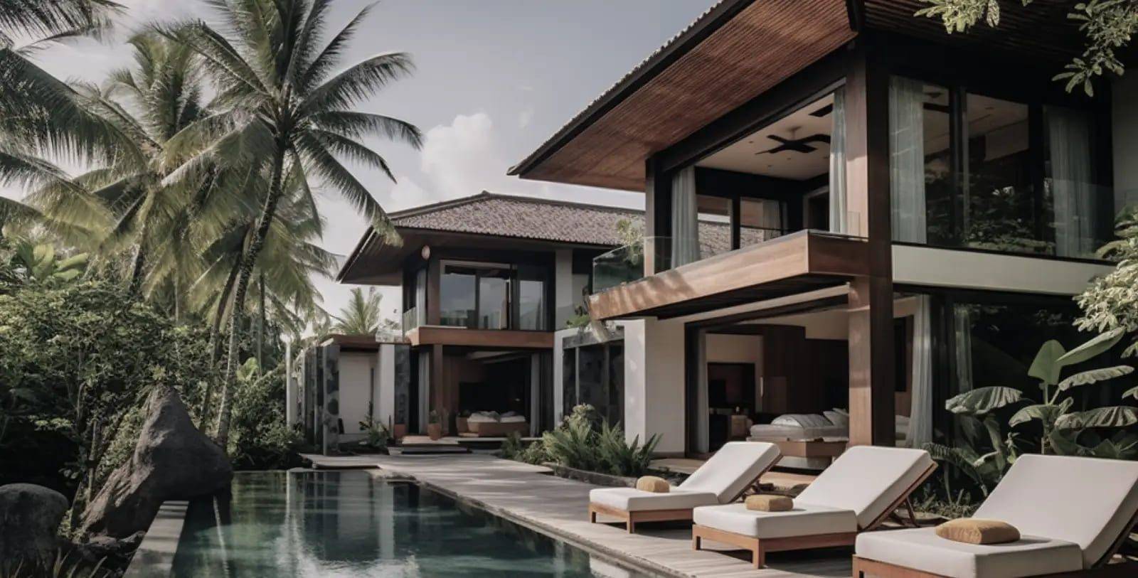 Villa de luxe moderne avec piscine privée entourée d'un feuillage tropical luxuriant, mettant en évidence l'opulence de la fiscalité immobilière en Indonésie.
