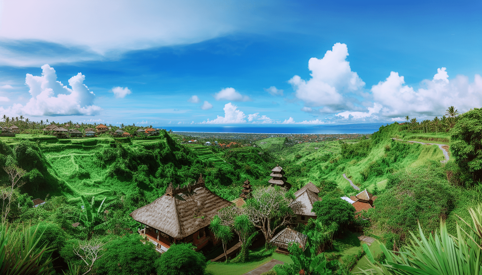 Scenic view of Bali landscape with lush greenery and traditional architecture