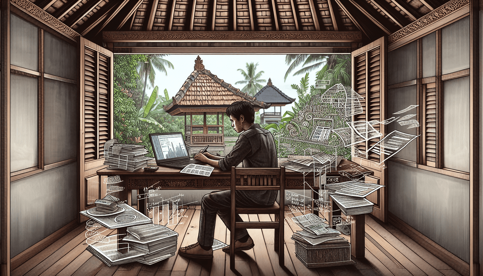 Illustration d'un propriétaire d'entreprise examinant ses obligations fiscales à Bali