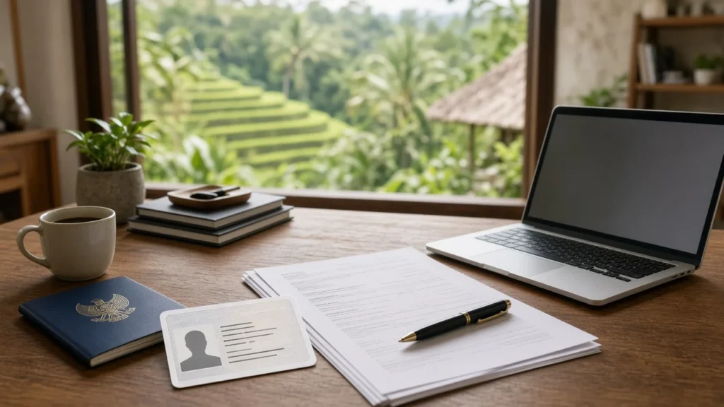 Investor ITAS documents, passport and laptop on a desk in a Bali villa office