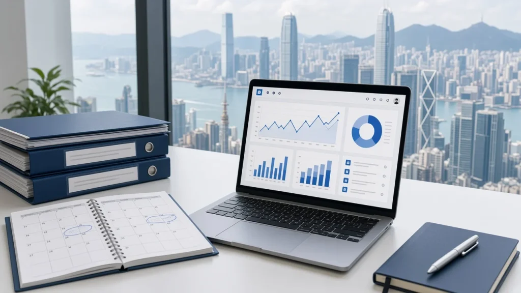 Desk with document binders and a planner in front of a window overlooking Victoria Harbour in Hong Kong