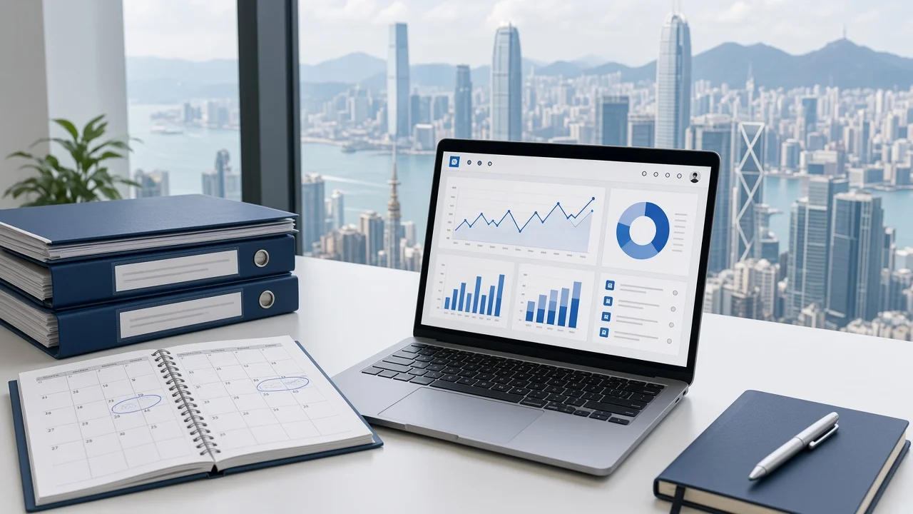 Desk with document binders and a planner in front of a window overlooking Victoria Harbour in Hong Kong