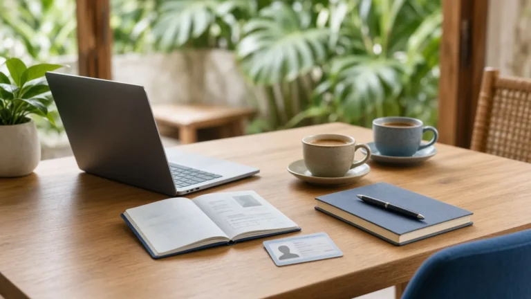Desk in a Bali home office with a passport, residence permit card, laptop and two coffee cups